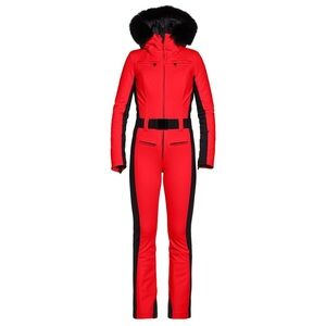Goldbergh Parry Ski Jumpsuit with Faux Fur Hood Trim in Flame (RED) US 6 NEW